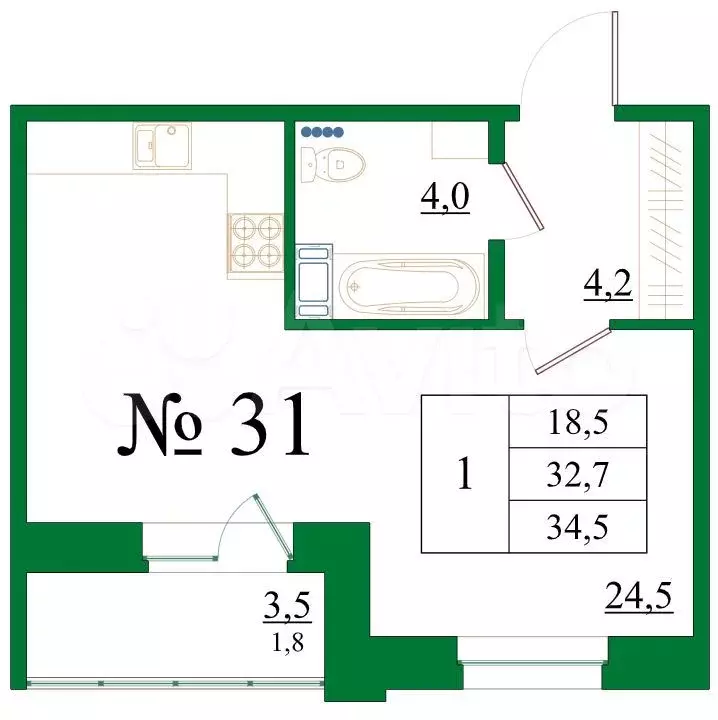 Квартира-студия, 34,5 м, 4/8 эт. - Фото 0