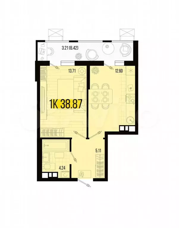 1-к. квартира, 38,9 м, 2/7 эт. - Фото 1