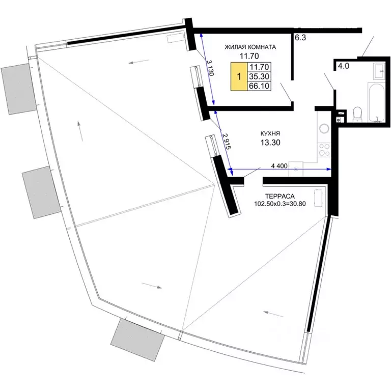 1-к кв. Краснодарский край, Краснодар Фонтаны жилой комплекс (66.1 м) - Фото 1