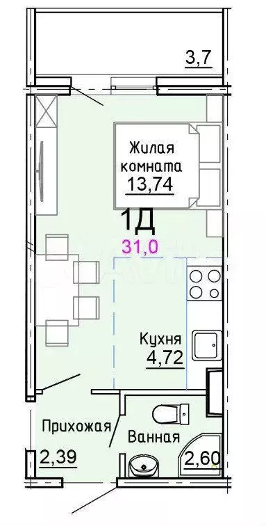 Квартира-студия, 31 м, 4/17 эт. - Фото 0