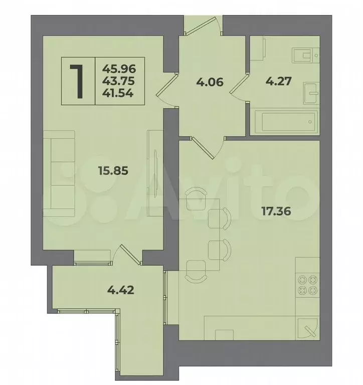 1-к. квартира, 43,8 м, 5/9 эт. - Фото 1