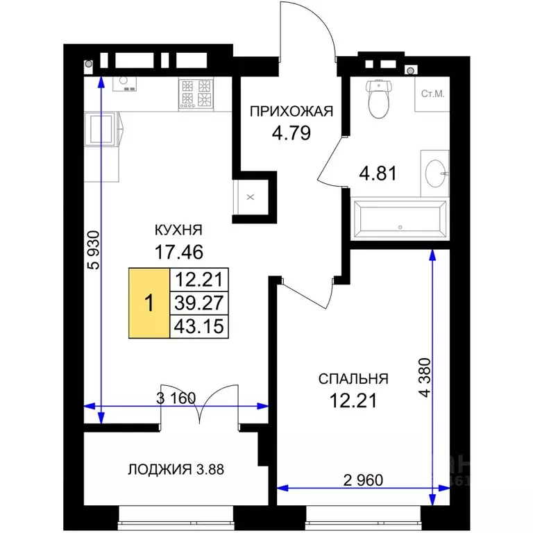 1-к кв. Калининградская область, Гурьевск Включи жилой комплекс (43.15 ... - Фото 1