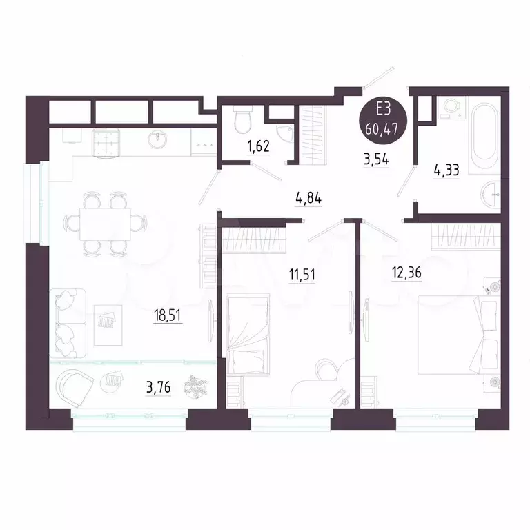 2-к. квартира, 60,5 м, 6/10 эт. - Фото 0