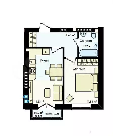 1-к. квартира, 39 м, 2/4 эт. - Фото 1