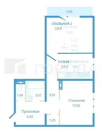 2-к. квартира, 57 м, 15/18 эт. - Фото 0