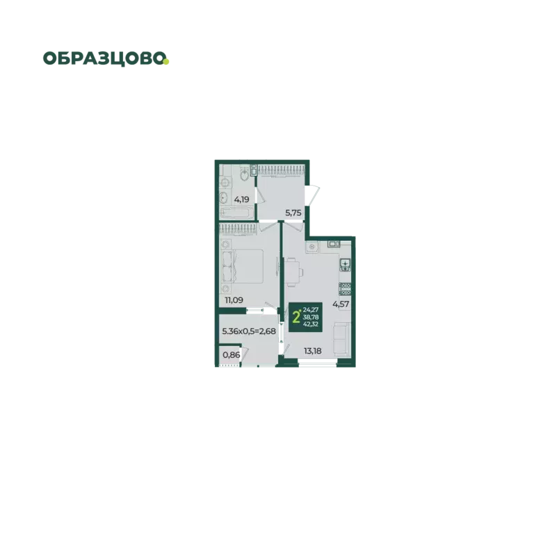 2-к квартира, 44.45 м - Фото 0