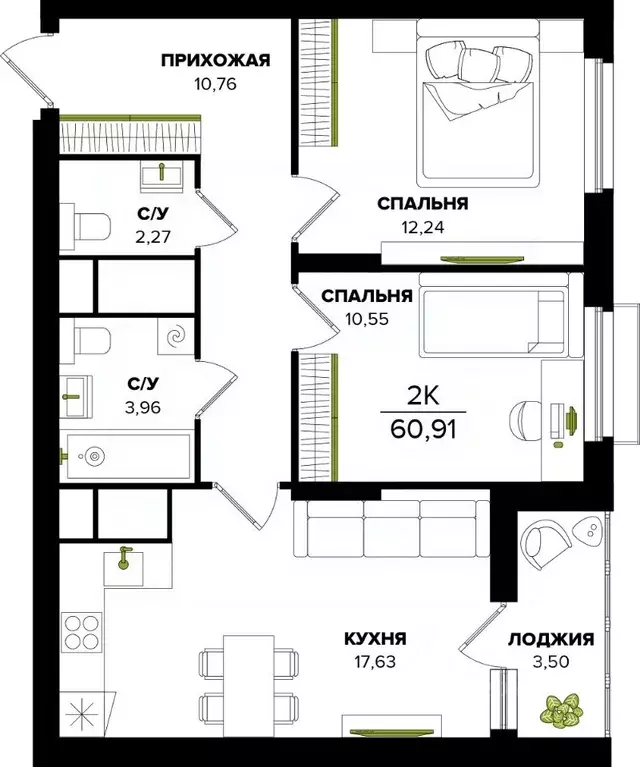 2-к кв. Тульская область, Тула  (60.91 м) - Фото 0