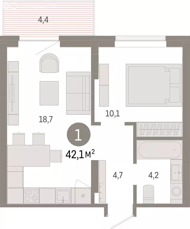 1-комнатная квартира: Омск, Кировский округ (42.11 м) - Фото 1