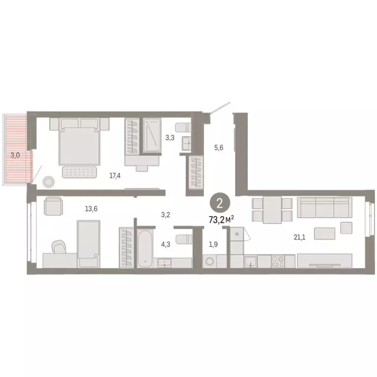 2-комнатная квартира: Тюмень, улица Республики, 205к3 (73.15 м) - Фото 1