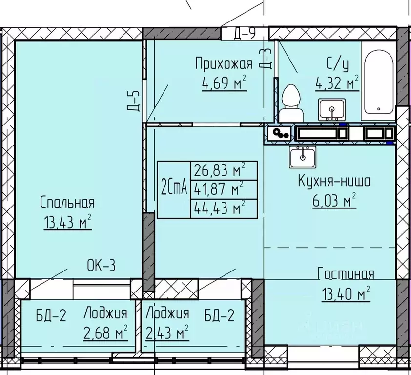 2-к кв. Татарстан, Нижнекамск ул. Баки Урманче, 12 (44.43 м) - Фото 0