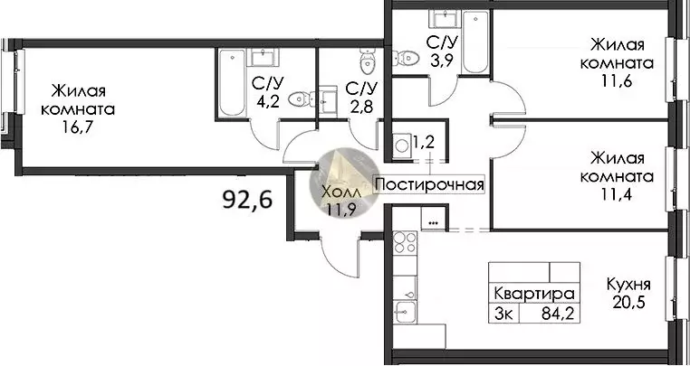 3-к кв. Санкт-Петербург Галерный проезд, 1К2 (92.6 м) - Фото 2
