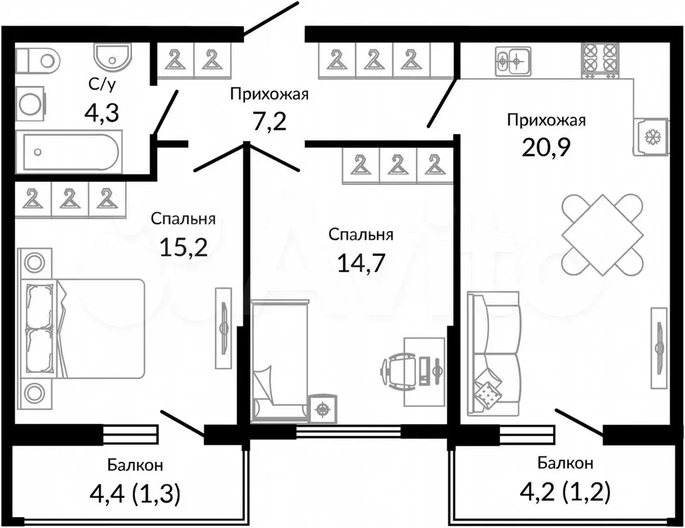 2-к. квартира, 65,9 м, 3/16 эт. - Фото 1
