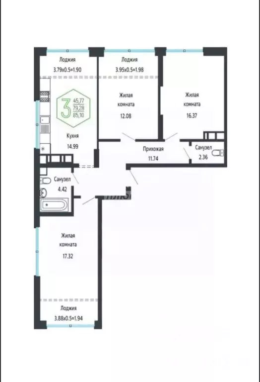 4-к кв. Краснодарский край, Краснодар Обрывная ул., 132/1к27 (80.5 м) - Фото 2