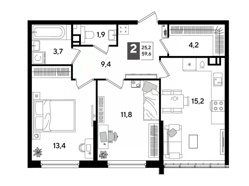 2-к кв. Краснодарский край, Краснодар Догма Парк мкр,  (59.6 м) - Фото 1