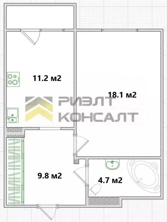 1-к. квартира, 43,4 м, 5/9 эт. - Фото 0