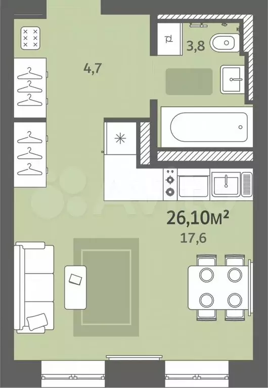 Квартира-студия, 26,1 м, 4/9 эт. - Фото 0