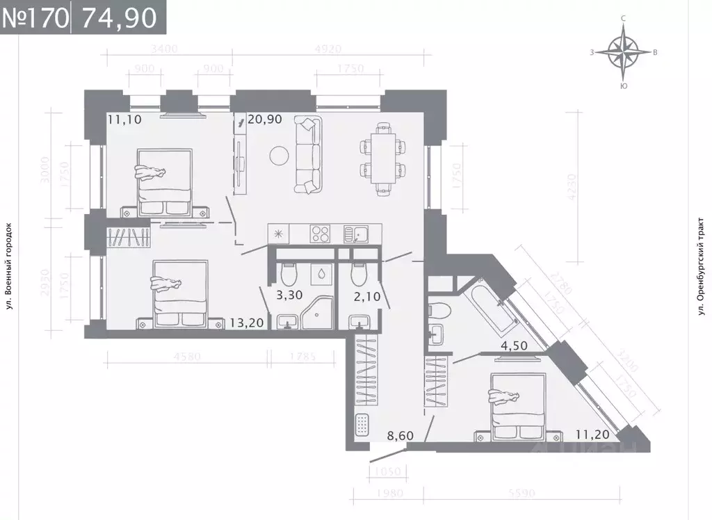 3-к кв. Татарстан, Казань ул. Шишкина (74.9 м) - Фото 1