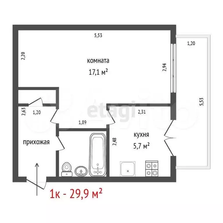 1-к. квартира, 29,9 м, 5/5 эт. - Фото 0