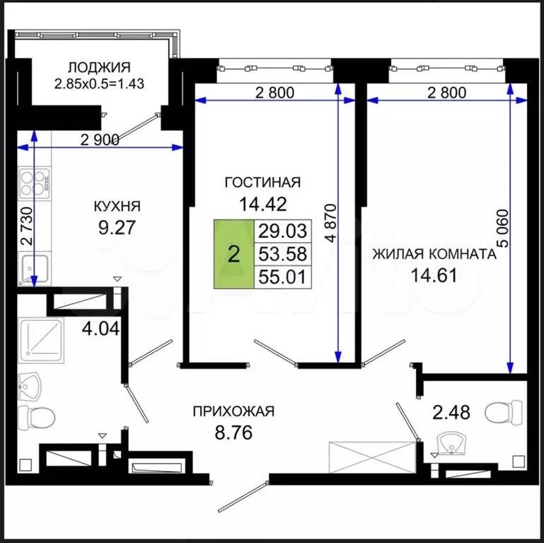 2-к. квартира, 55 м, 2/25 эт. - Фото 1