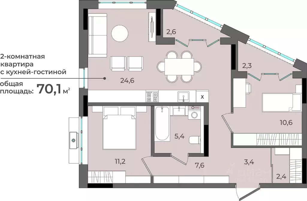 2-к кв. Удмуртия, Ижевск ул. Имени В.С. Тарасова, 6 (70.1 м) - Фото 0