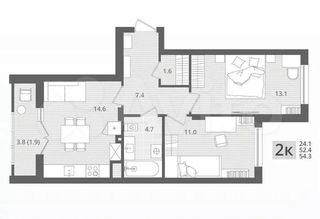 2-к. квартира, 54,3 м, 1/7 эт. - Фото 1
