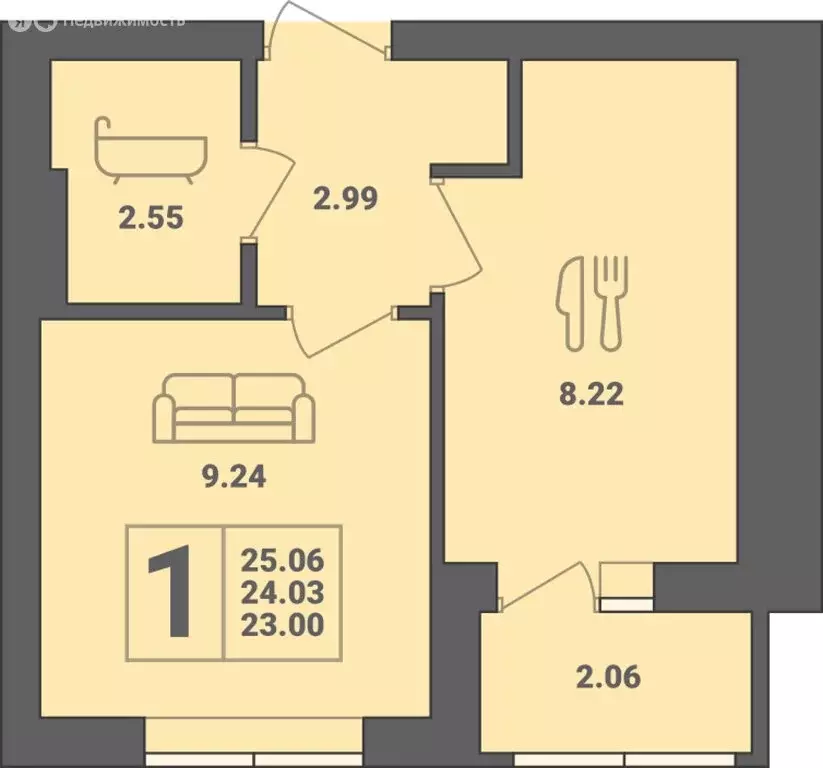 1-комнатная квартира: Пионерский, улица Гептнера, 17 (25.06 м) - Фото 0