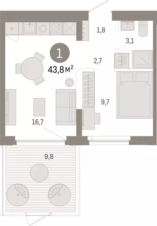 1-комнатная квартира: Тюмень, Мысовская улица, 26к2 (43.8 м) - Фото 1