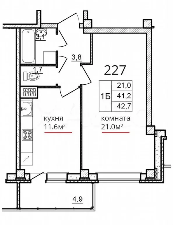 1-к. квартира, 42,7м, 7/9эт. - Фото 1