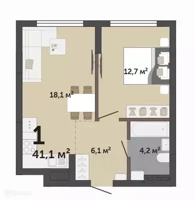 Продаётся 1-к квартира, 41.1 м - Фото 1