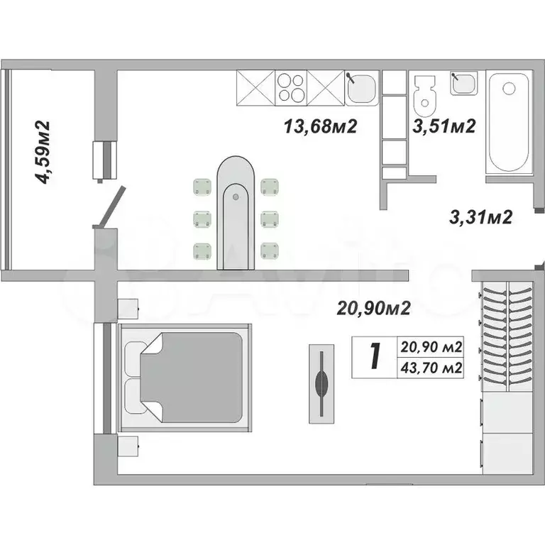 1-к. квартира, 44 м, 7/17 эт. - Фото 0