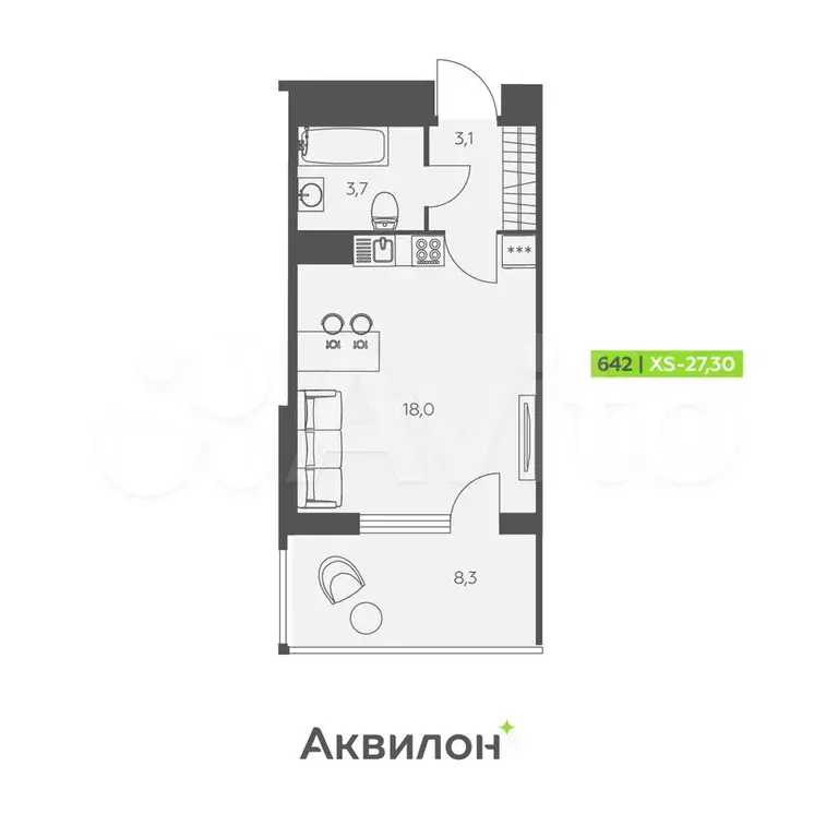 Квартира-студия, 27,3 м, 12/12 эт. - Фото 0