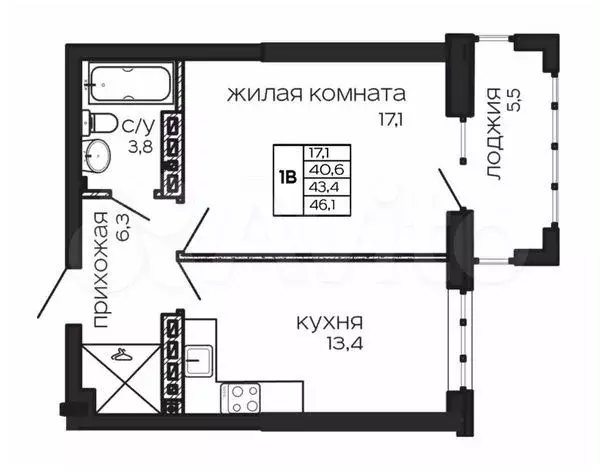 1-к. квартира, 46м, 12/17эт. - Фото 1