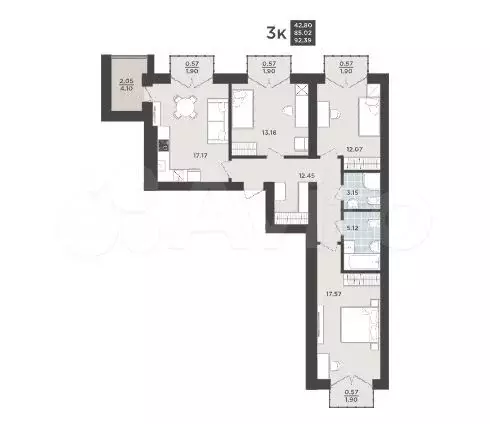 3-к. квартира, 92,4 м, 8/9 эт. - Фото 1