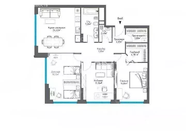 3-комнатная квартира: Москва, ЖК Хедлайнер (105.4 м) - Фото 1