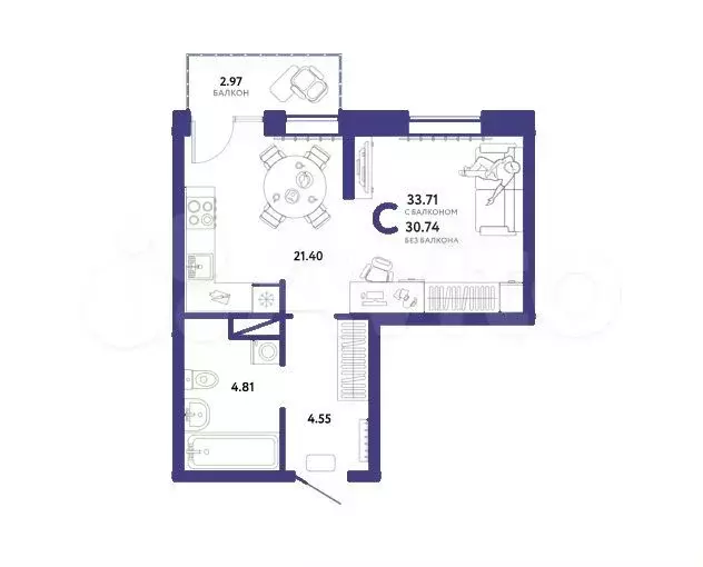 Квартира-студия, 33,7 м, 4/16 эт. - Фото 1