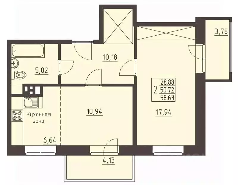 2-к кв. Иркутская область, Иркутск ул. Рылеева, 3 (58.3 м) - Фото 0