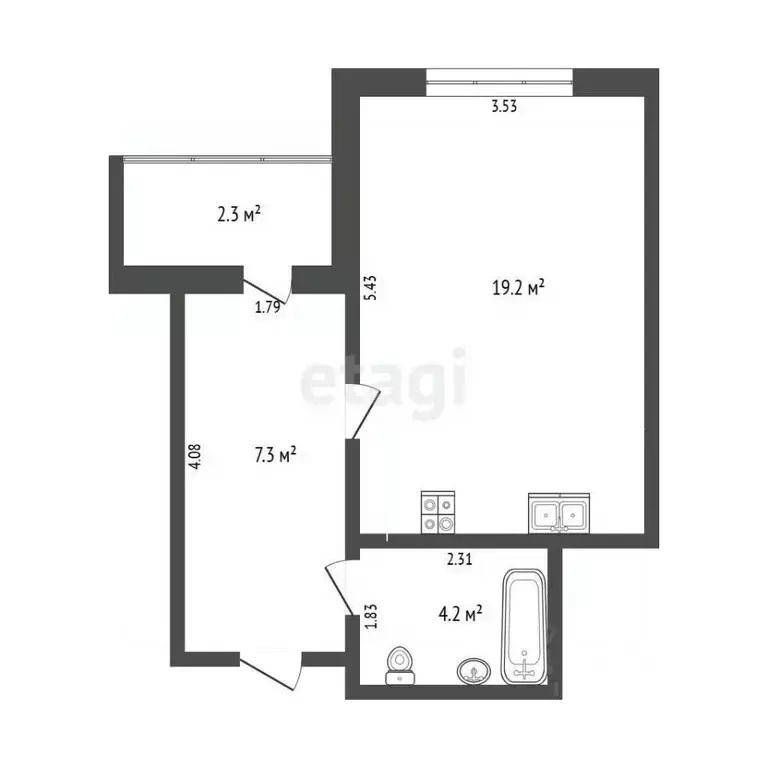 Студия Тюменская область, Тюмень ул. Ю.-Р.Г. Эрвье, 32к1 (30.5 м) - Фото 2