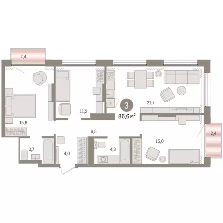 3-комнатная квартира: Тюмень, Краснооктябрьская улица, 4к3 (86.63 м) - Фото 1