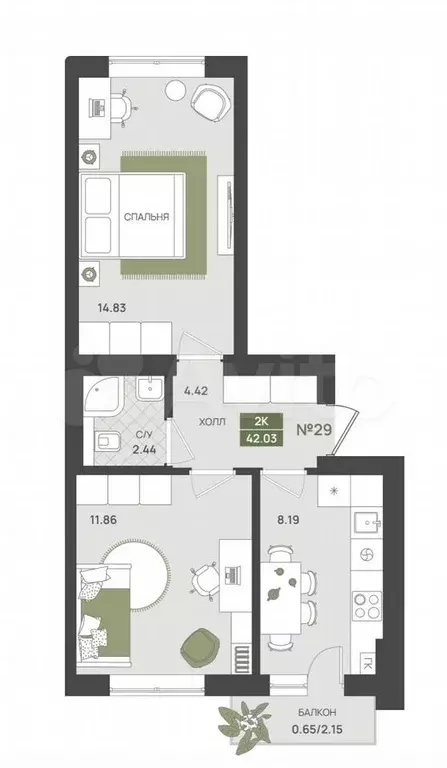 2-к. квартира, 42 м, 3/5 эт. - Фото 1