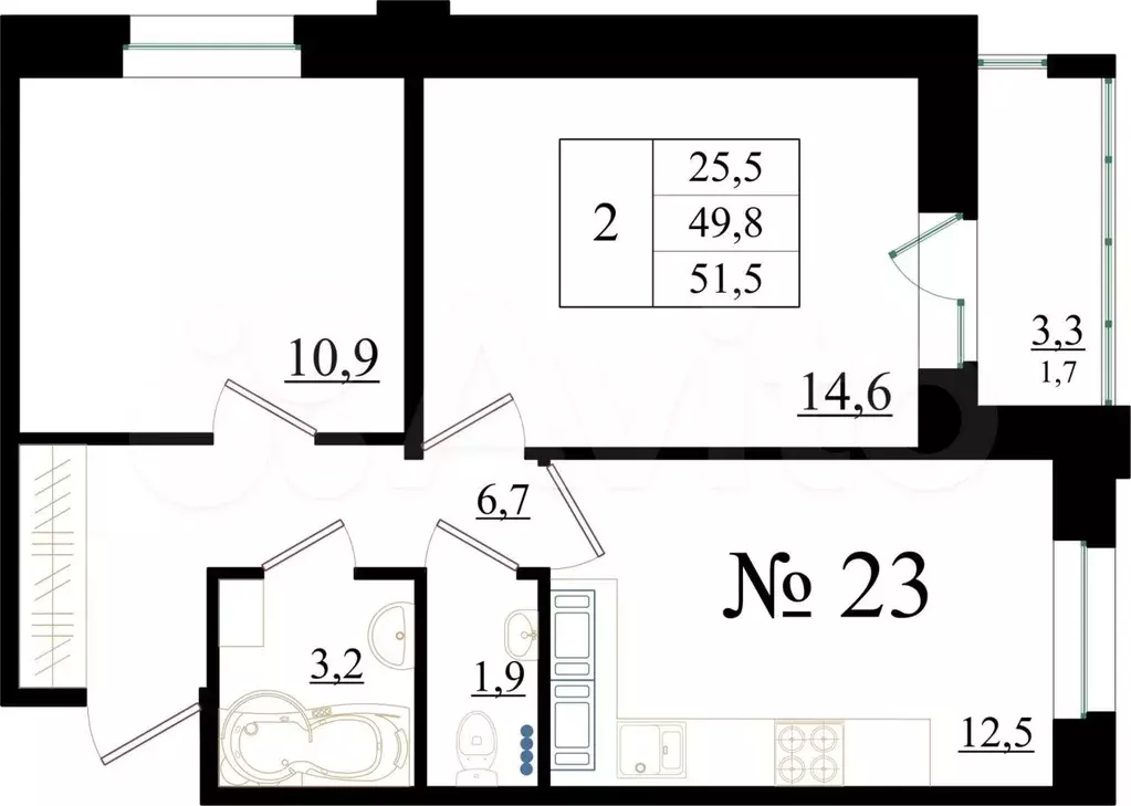 2-к. квартира, 51,5 м, 4/8 эт. - Фото 0