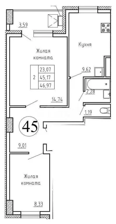 2-комнатная квартира: Якутск, улица Строителей, 3 (46.97 м) - Фото 0
