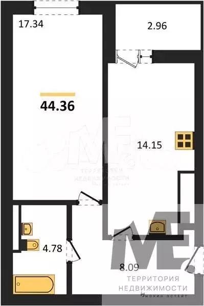 1-к. квартира, 44,5 м, 2/9 эт. - Фото 0