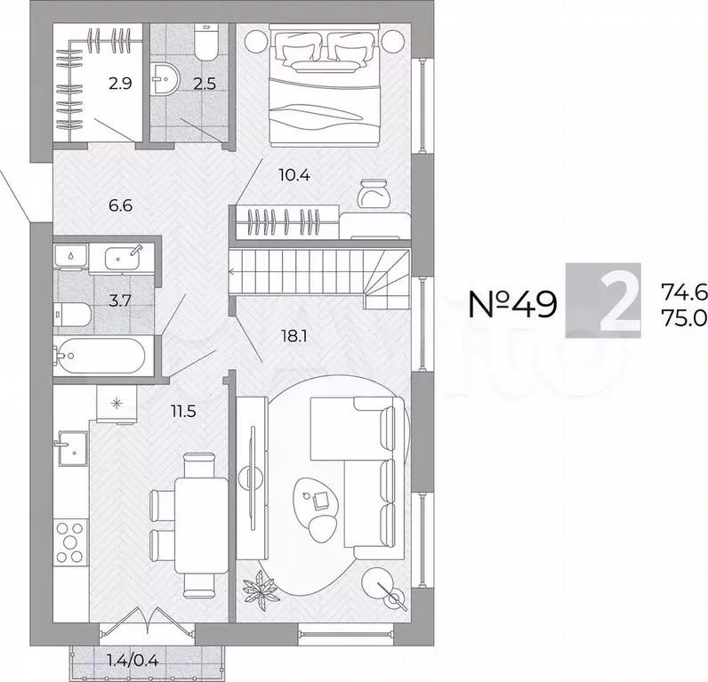 2-к. квартира, 75 м, 4/4 эт. - Фото 0