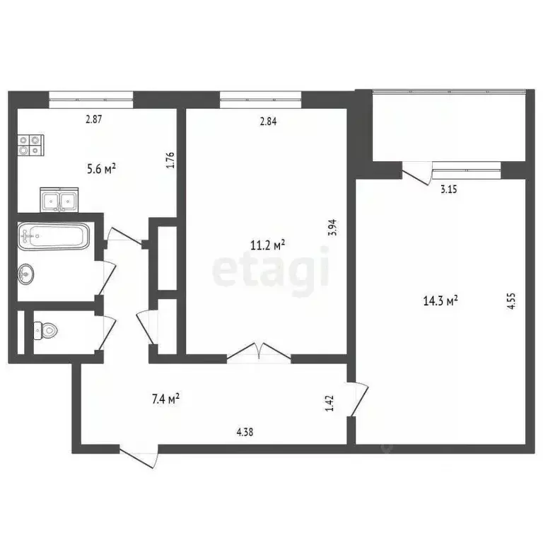 2-к кв. Ямало-Ненецкий АО, Новый Уренгой Ленинградский просп., 8 (41.9 ... - Фото 2