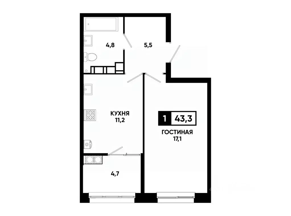 1-к кв. Ставропольский край, Ставрополь ул. Андрея Голуба, 12к8 (43.3 ... - Фото 0