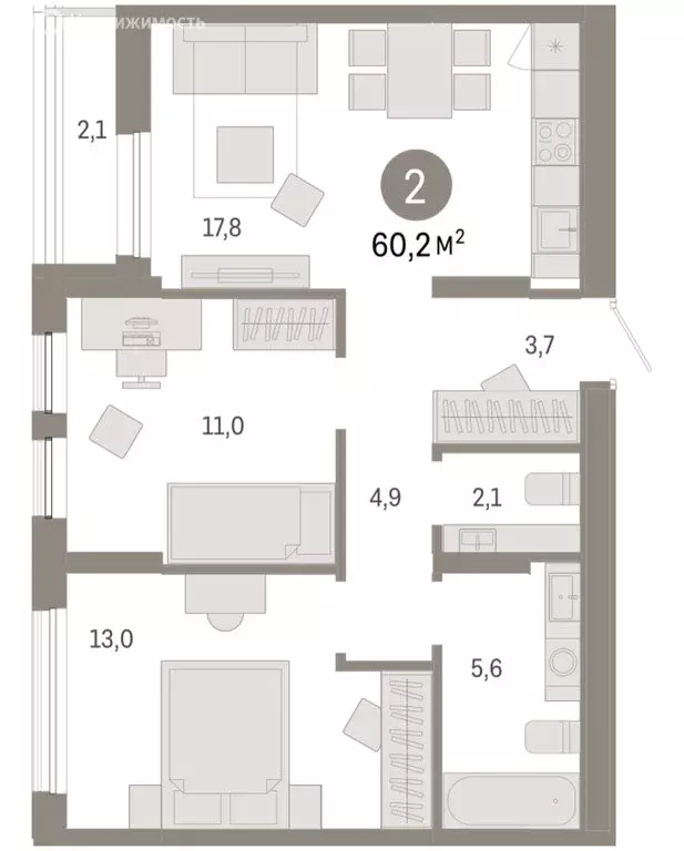 2-комнатная квартира: Тюмень, улица Республики, 205к1 (60.19 м) - Фото 2