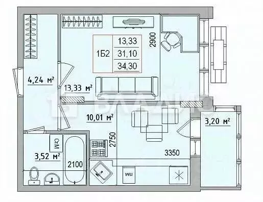 1-к кв. Белгородская область, Белгород ул. Щорса, 45с1 (34.4 м) - Фото 2