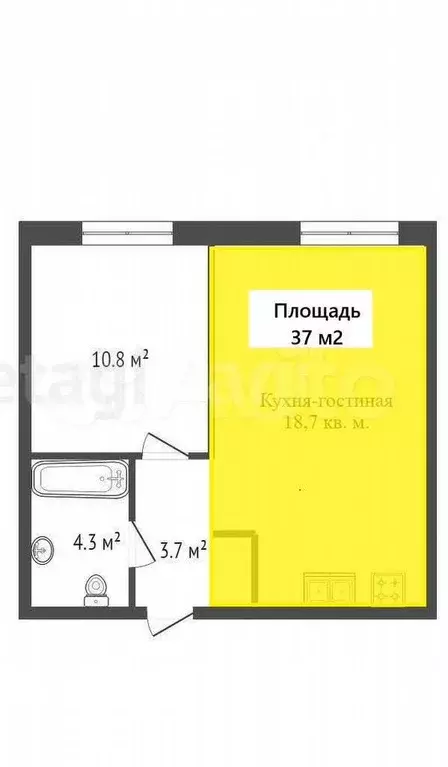 1-к. квартира, 37 м, 5/9 эт. - Фото 0