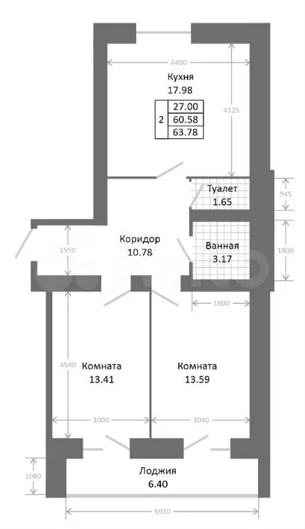 2-к. квартира, 63,8 м, 6/10 эт. - Фото 0