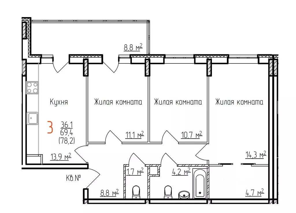 3-к кв. Владимирская область, Владимир Добросельская ул., 178 (78.2 м) - Фото 0